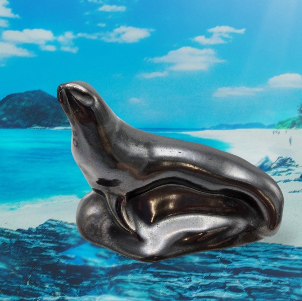 MCM Vintage Black Seal Figurine Ceramic Signed Dated 1954 Sea Life Animals